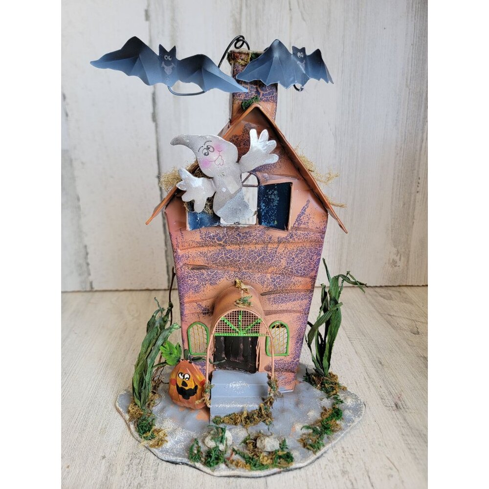 Vintage Halloween ghost metal tea light candle holder haunted house pumpkin uniq